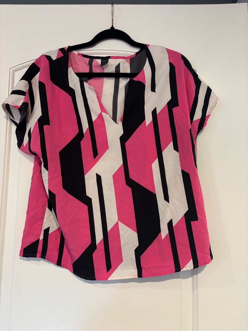 Geometric Pink & Black Short Sleeve V-Neck Top